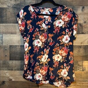 tovia 🌸 Navy Floral Blouse with Orange and Pink Accents